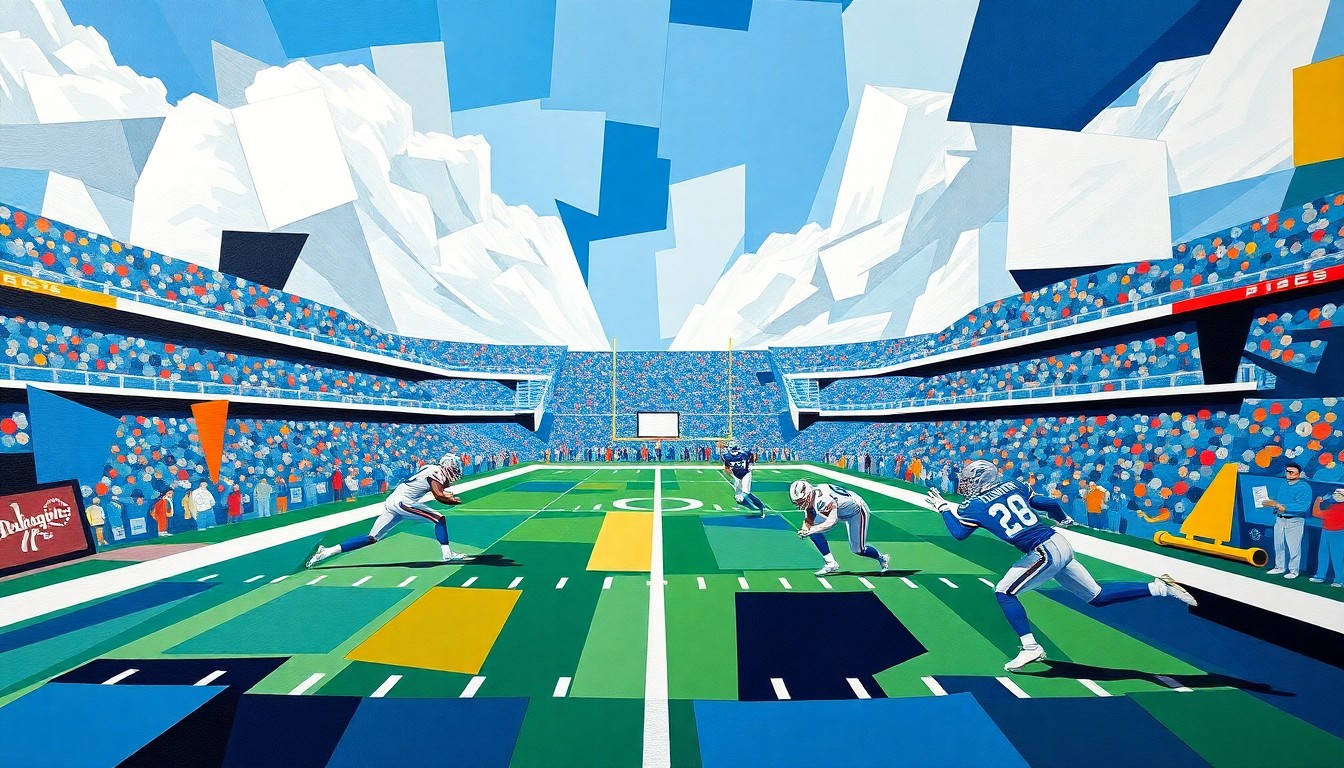 A cubist, geometric painting depicting a fractured, multi-perspective view of a football game, using the Detroit Lions