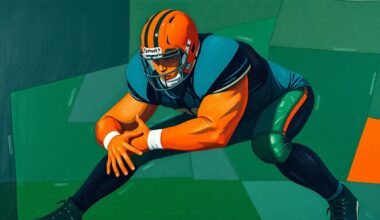 A cubist-style painting depicting the fragmented motion of an offensive lineman in action, with sharp geometric shapes in navy, green, and orange conveying the power and explosiveness of the position.
