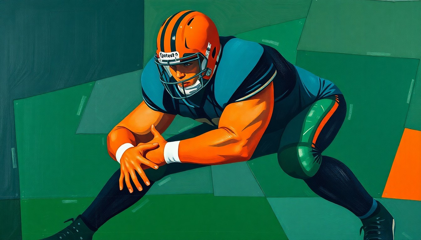 A cubist-style painting depicting the fragmented motion of an offensive lineman in action, with sharp geometric shapes in navy, green, and orange conveying the power and explosiveness of the position.