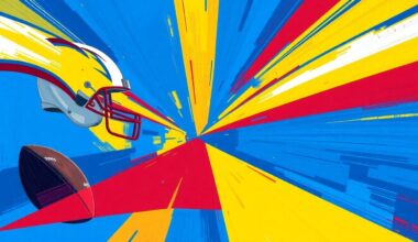 A fractured, multi-perspective painting in vibrant blues, yellows, and reds, breaking down the game of football into sharp, overlapping geometric planes to conceptually represent the strategic decisions facing the Chargers as they look to build around quarterback Justin Herbert.