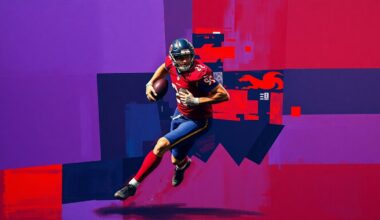 A fractured, cubist-style painting depicting a football player in mid-stride, with sharp, overlapping geometric shapes in deep purple, navy, and crimson, capturing the dynamic energy and multi-faceted nature of the sport.