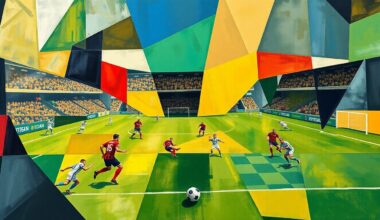 A fractured, geometric painting in the style of Pablo Picasso, breaking down a football game into sharp, overlapping planes of color and shape, abstracting the players and field into a dynamic, multi-perspective composition.
