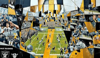 A fractured, geometric painting depicting the chaotic action of a Raiders football game, with sharp planes of silver, black, and metallic gold overlapping to create a sense of disarray and dysfunction.