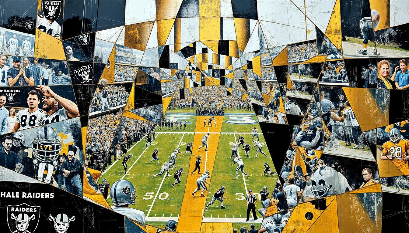 A fractured, geometric painting depicting the chaotic action of a Raiders football game, with sharp planes of silver, black, and metallic gold overlapping to create a sense of disarray and dysfunction.