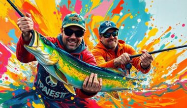 An abstract, expressionist painting in vibrant neon colors depicting the dynamic motion and energy of a professional football player fishing with a pro angler, their faces and details blurred into the energetic brushstrokes.