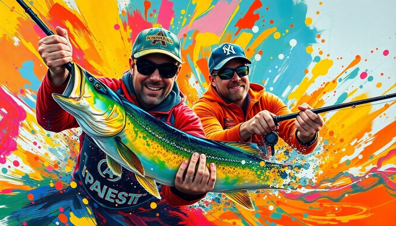 An abstract, expressionist painting in vibrant neon colors depicting the dynamic motion and energy of a professional football player fishing with a pro angler, their faces and details blurred into the energetic brushstrokes.