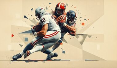 A cubist, geometric painting depicting the fractured, multi-angled movements of a football player making a tackle or sack, with muted earth tones and flashes of team colors, conveying the complex and high-pressure nature of NFL front office decisions.