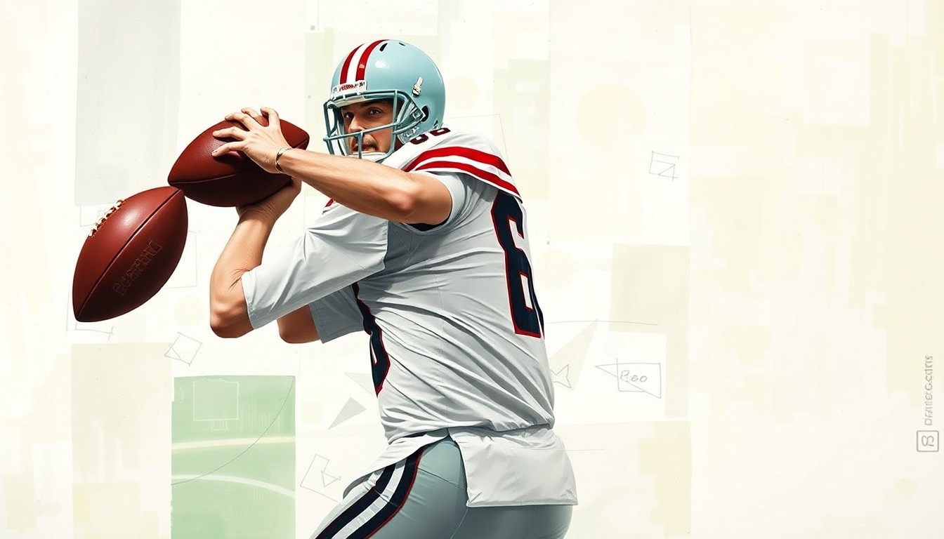 A fragmented, geometric painting depicting a quarterback dropping back to pass, with the player