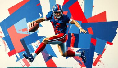 A fragmented, geometric painting in bold colors depicts a football player in motion, representing the conceptual transition of a player being traded between teams.
