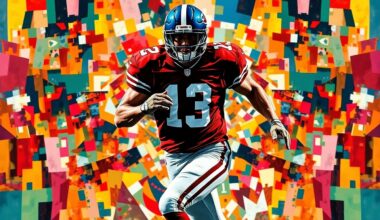 A fractured, cubist-style painting depicting a football player in motion, with sharp, overlapping geometric planes in a kaleidoscope of team colors, capturing the dynamic nature of player movements and team strategies in the NFL.