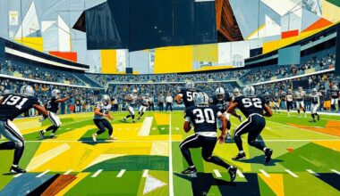 A cubist-style painting depicting a football game or match, with the players and field represented as abstract, angular shapes in a vibrant color palette of silver and black, capturing the energy and movement of the sport through a fractured, multi-perspective visual style.