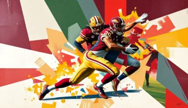A cubist-style painting depicting a football player in mid-motion, their body fractured into overlapping geometric shapes in the Commanders