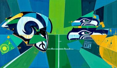 A fractured, geometric painting depicting the intensity and chaos of an NFL playoff game, with sharp planes of blue, green, and gold representing the competing teams and the mental strain of the high-stakes contest.