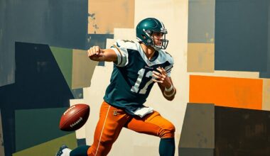 A fragmented, geometric painting depicting a football quarterback in motion, broken down into sharp, overlapping planes of navy, forest green, and burnt orange, conveying the multifaceted nature of a veteran player