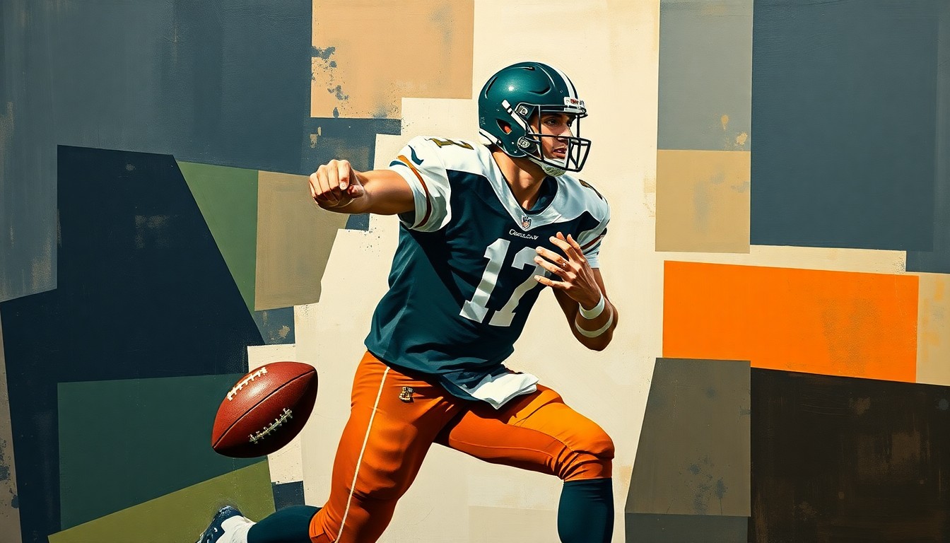 A fragmented, geometric painting depicting a football quarterback in motion, broken down into sharp, overlapping planes of navy, forest green, and burnt orange, conveying the multifaceted nature of a veteran player