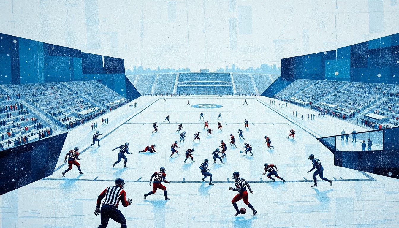 A fractured, geometric painting depicting a snowy football field, with players and the game action broken down into sharp, overlapping planes of color and shape, conveying the tension and energy of the high-stakes playoff matchup.