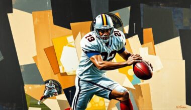 A cubist-style painting depicting a football player in action, with their body broken down into overlapping geometric shapes and planes of color, conveying the raw energy and movement of the sport.