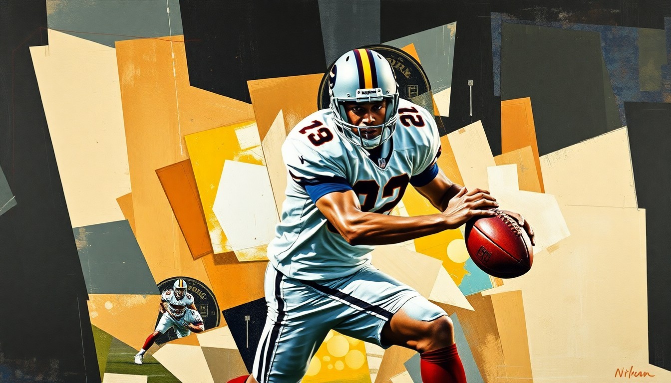 A cubist-style painting depicting a football player in action, with their body broken down into overlapping geometric shapes and planes of color, conveying the raw energy and movement of the sport.