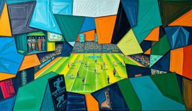 A cubist-style painting depicting a fragmented football field with overlapping geometric shapes in shades of blue, green, and orange, representing the complex dynamics of the Bills