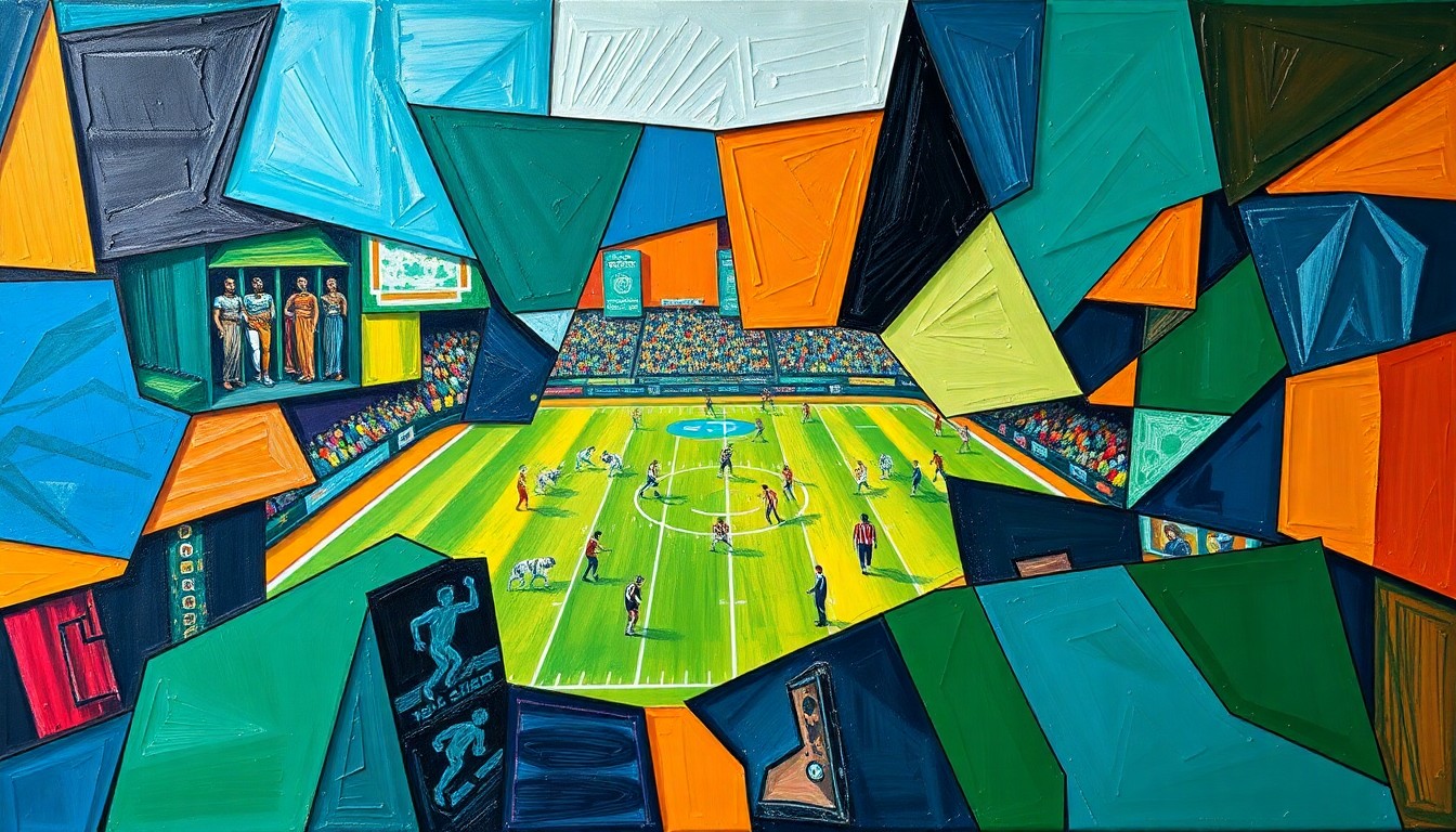 A cubist-style painting depicting a fragmented football field with overlapping geometric shapes in shades of blue, green, and orange, representing the complex dynamics of the Bills