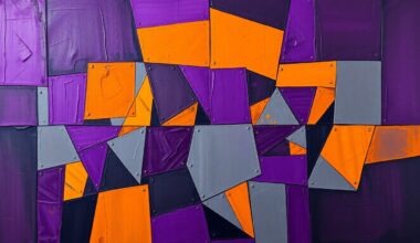 A fragmented, cubist-style painting depicting the silhouettes of football players in a defensive line formation, broken down into sharp, overlapping geometric shapes in deep purple, steel grey, and burnt orange tones, conveying the strategic complexity and intensity of the Ravens