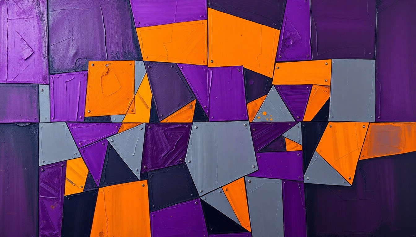 A fragmented, cubist-style painting depicting the silhouettes of football players in a defensive line formation, broken down into sharp, overlapping geometric shapes in deep purple, steel grey, and burnt orange tones, conveying the strategic complexity and intensity of the Ravens