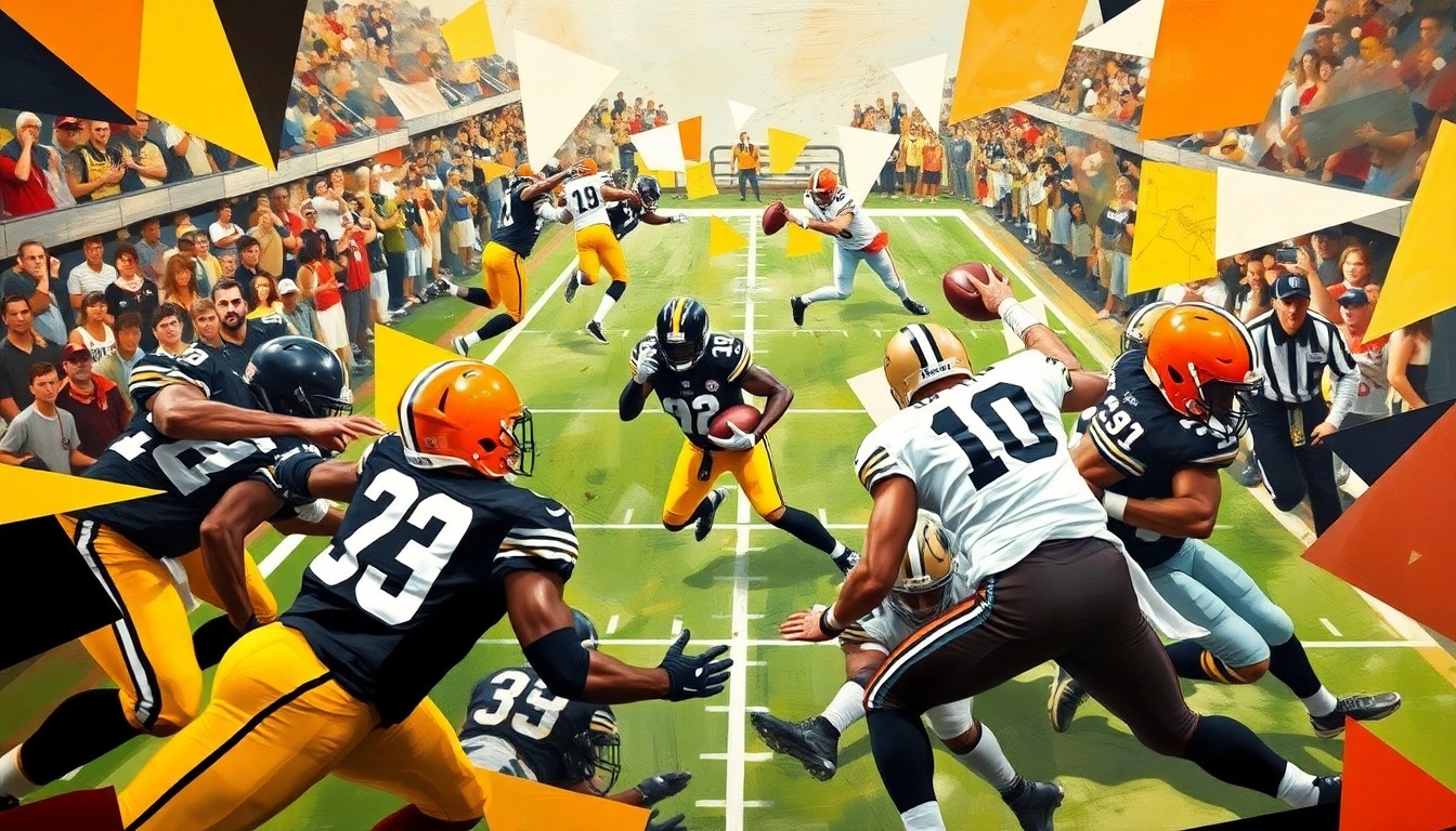 A fractured, multi-perspective painting depicting a football game between the Pittsburgh Steelers and Cleveland Browns, with the players