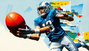 A fractured, cubist-style painting depicting a football player in a Lions uniform catching a pass, with the player
