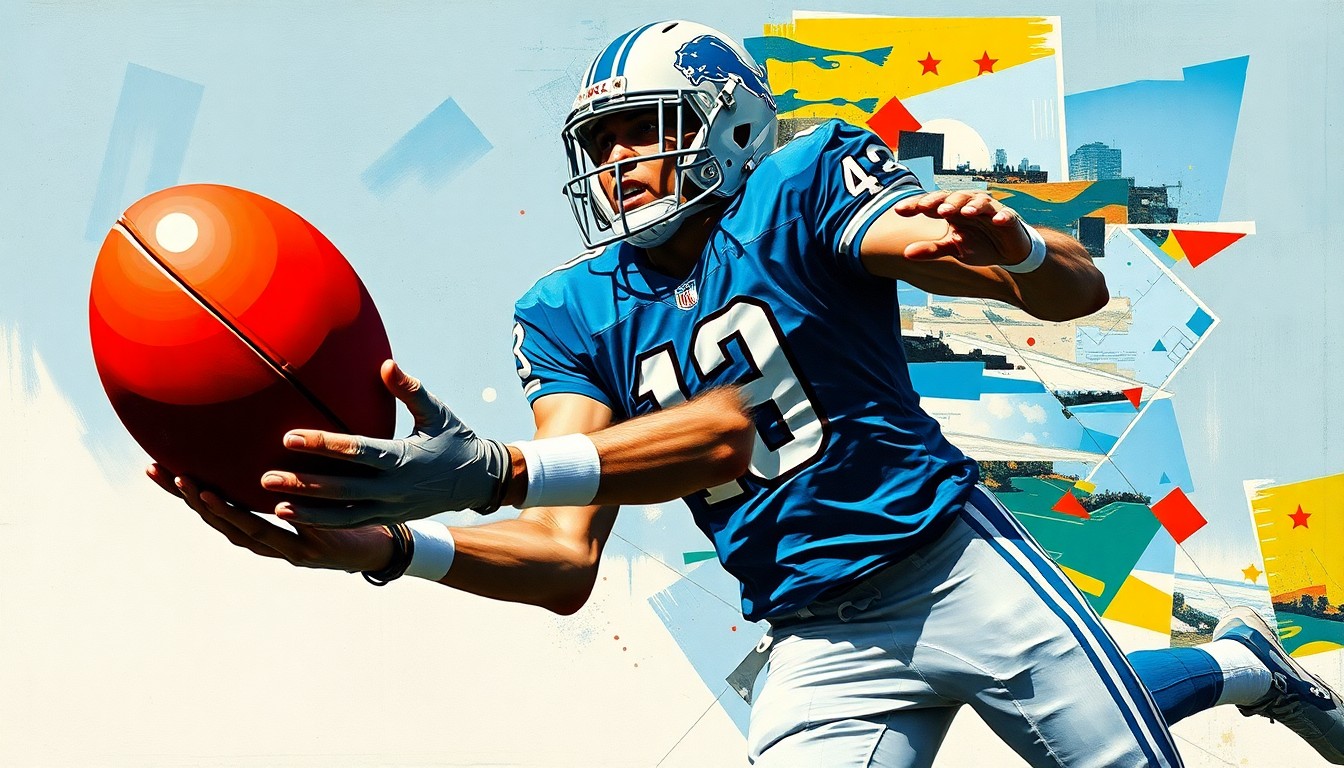 A fractured, cubist-style painting depicting a football player in a Lions uniform catching a pass, with the player