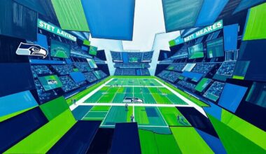 A cubist-style painting depicting a fragmented, geometric representation of a Seattle Seahawks football game, with sharp planes of navy blue, lime green, and silver colors conveying the dynamic energy and uncertainty surrounding the team