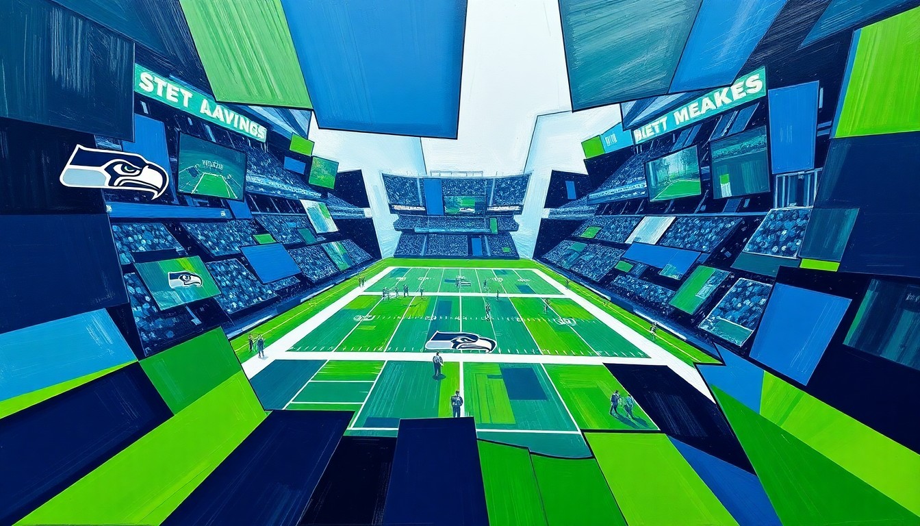 A cubist-style painting depicting a fragmented, geometric representation of a Seattle Seahawks football game, with sharp planes of navy blue, lime green, and silver colors conveying the dynamic energy and uncertainty surrounding the team