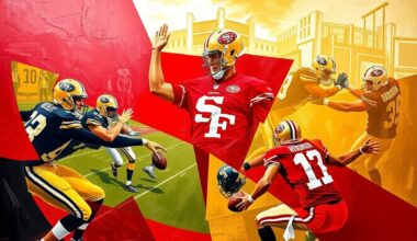 A fractured, cubist-style painting depicting a football game or match, with the players and field broken down into sharp, overlapping geometric shapes in the colors of the San Francisco 49ers: scarlet red, metallic gold, and black.