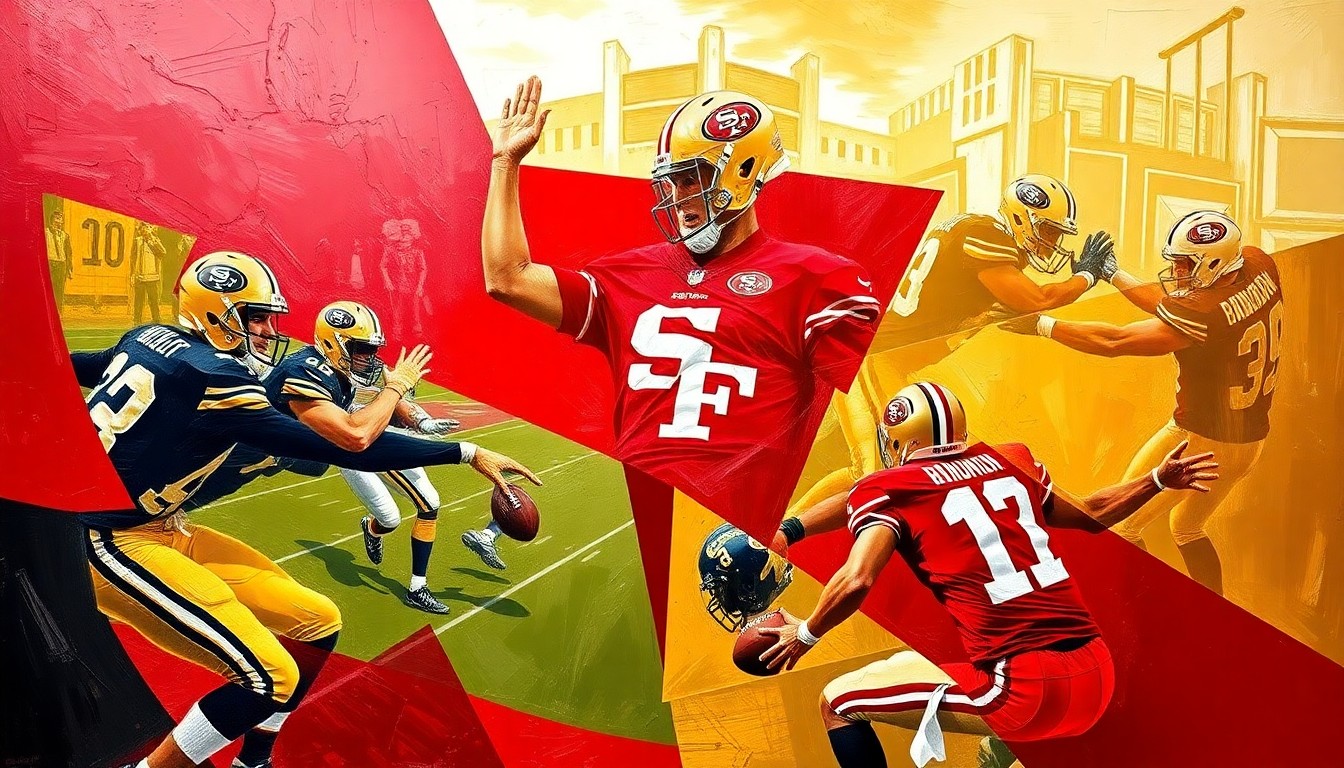 A fractured, cubist-style painting depicting a football game or match, with the players and field broken down into sharp, overlapping geometric shapes in the colors of the San Francisco 49ers: scarlet red, metallic gold, and black.