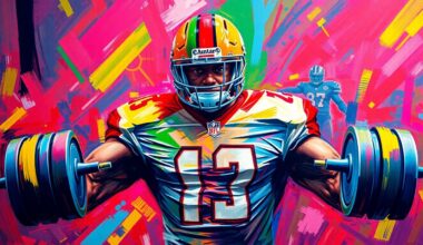 An abstract, energetic painting in vibrant neon colors depicting the powerful, dynamic motion of a football player lifting weights, with the figure