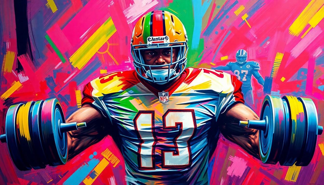 An abstract, energetic painting in vibrant neon colors depicting the powerful, dynamic motion of a football player lifting weights, with the figure