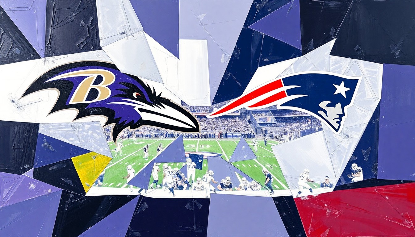 A cubist-style painting depicting a football game, with the players and field broken down into sharp, overlapping geometric shapes in shades of purple, black, navy blue, and red.