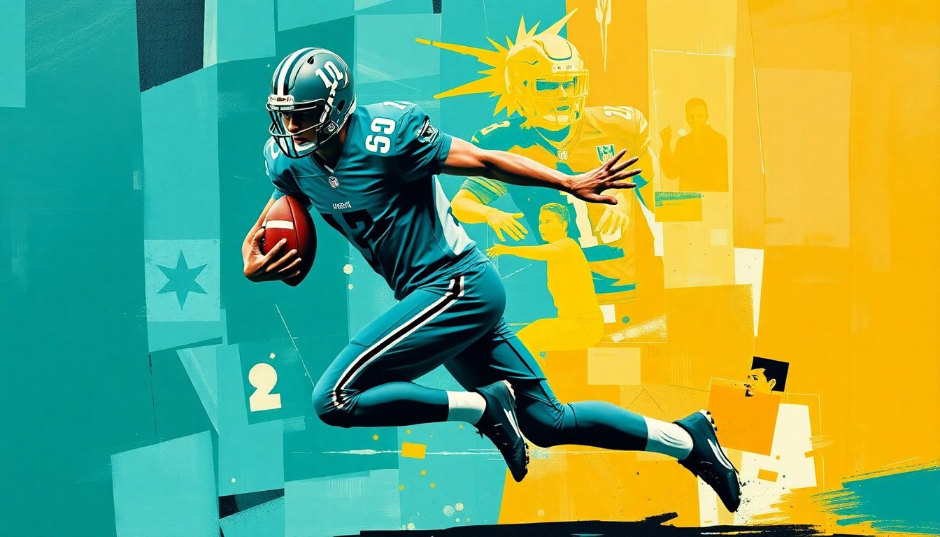 A cubist, geometric painting depicting a football player in motion, with sharp, overlapping planes of teal, gold, and black, conveying a sense of energy and dynamism.
