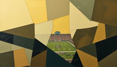 A cubist, geometric painting depicting a fragmented, multi-angled view of an NFL Draft scene, with sharp planes of muted earth tones representing the strategic challenges facing the Commanders as they seek to maximize their draft capital.