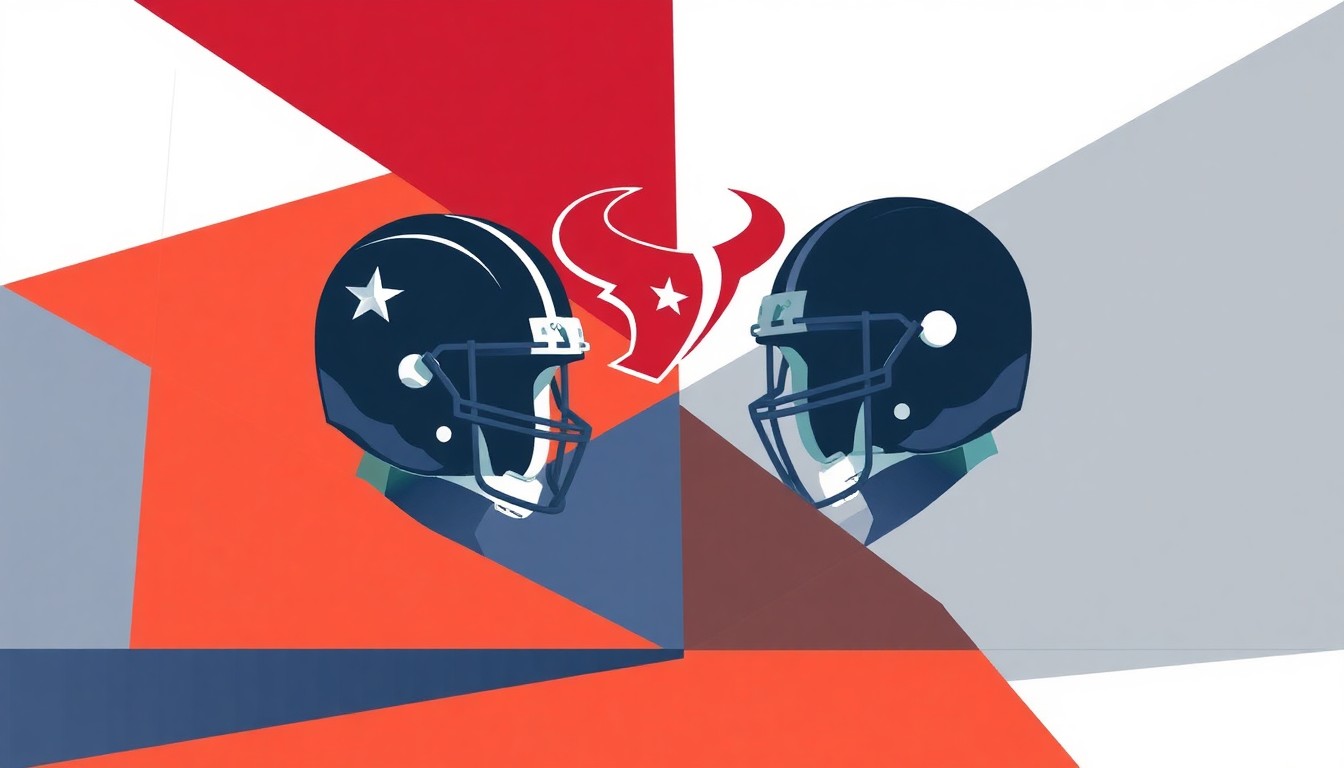 A fractured, multi-perspective cubist painting depicting the overlapping geometric planes and shapes of a football game, representing the high-stakes tension as the Texans weigh their financial decisions regarding star players Will Anderson Jr. and C.J. Stroud.