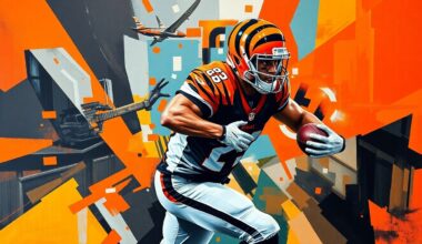 A fragmented, geometric painting depicting a football player in motion, with sharp planes of orange and black colors representing the Cincinnati Bengals