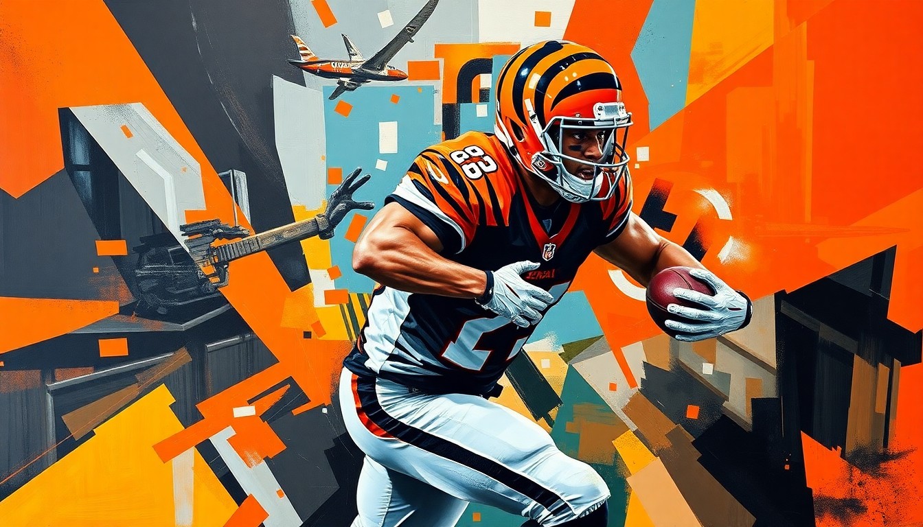 A fragmented, geometric painting depicting a football player in motion, with sharp planes of orange and black colors representing the Cincinnati Bengals