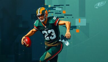 A cubist-style painting depicting a football player in motion, broken down into sharp, overlapping geometric shapes in muted tones of navy blue, forest green, and burnt orange, conceptually representing the strategic considerations behind a potential trade.