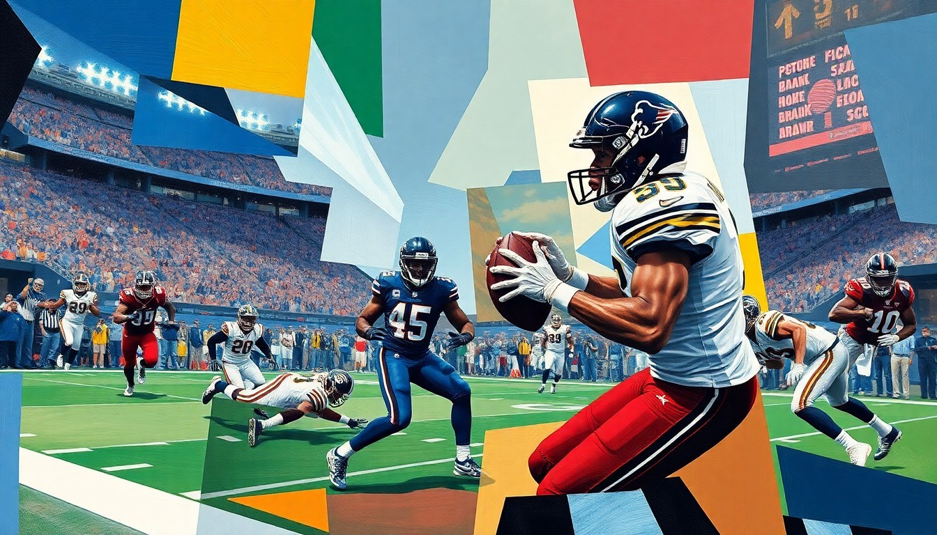 A cubist-style painting depicting a fragmented, multi-angled view of a football player in motion, conceptually representing the Ravens