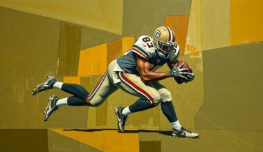 A fragmented, geometric painting depicting a football player in mid-tackle, with sharp, overlapping planes in muted earth tones conveying the raw energy and physicality of the sport.