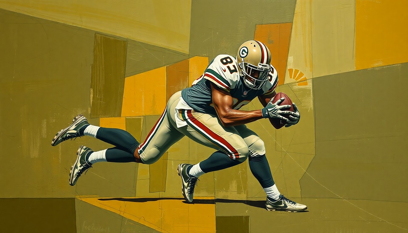 A fragmented, geometric painting depicting a football player in mid-tackle, with sharp, overlapping planes in muted earth tones conveying the raw energy and physicality of the sport.