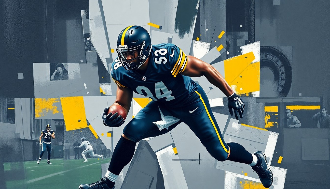 A cubist-style painting depicting a Steelers linebacker in mid-motion, their body and movements fractured into sharp, overlapping geometric shapes in muted tones of black, gray, and navy blue with accents of yellow and white, conceptually representing the complex and multi-faceted nature of a potential trade.