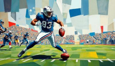 A fragmented, cubist-style painting depicting a defensive back making a play on the football field, with the player