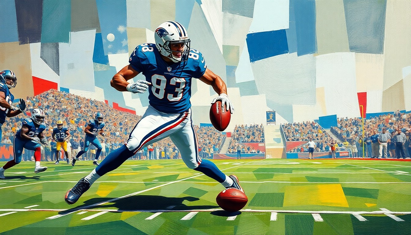 A fragmented, cubist-style painting depicting a defensive back making a play on the football field, with the player