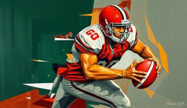 A fragmented, geometric painting depicting a football linebacker in mid-tackle, with sharp, overlapping planes of deep green, orange, and grey hues conveying the raw power and intensity of the sport.