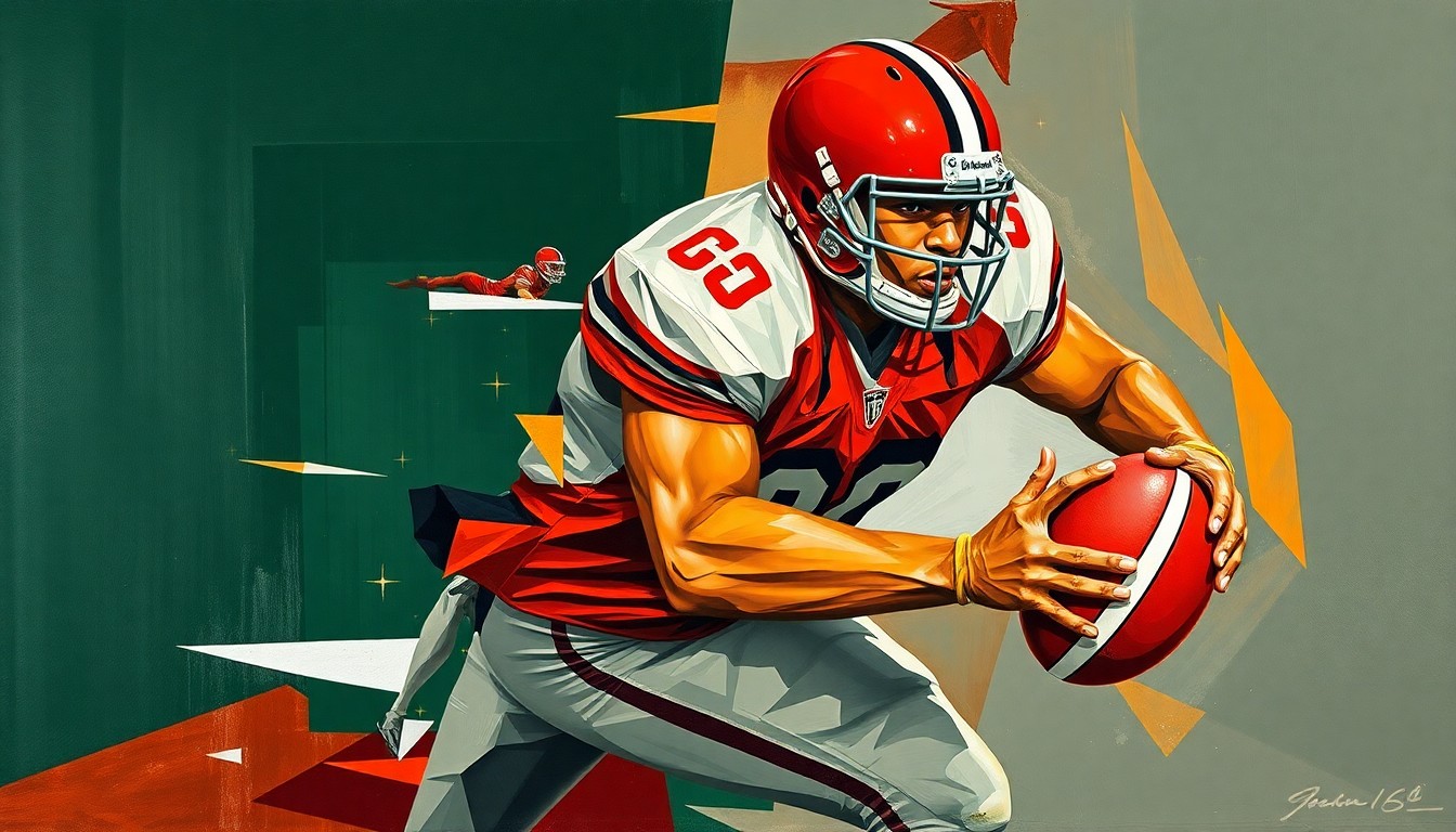 A fragmented, geometric painting depicting a football linebacker in mid-tackle, with sharp, overlapping planes of deep green, orange, and grey hues conveying the raw power and intensity of the sport.